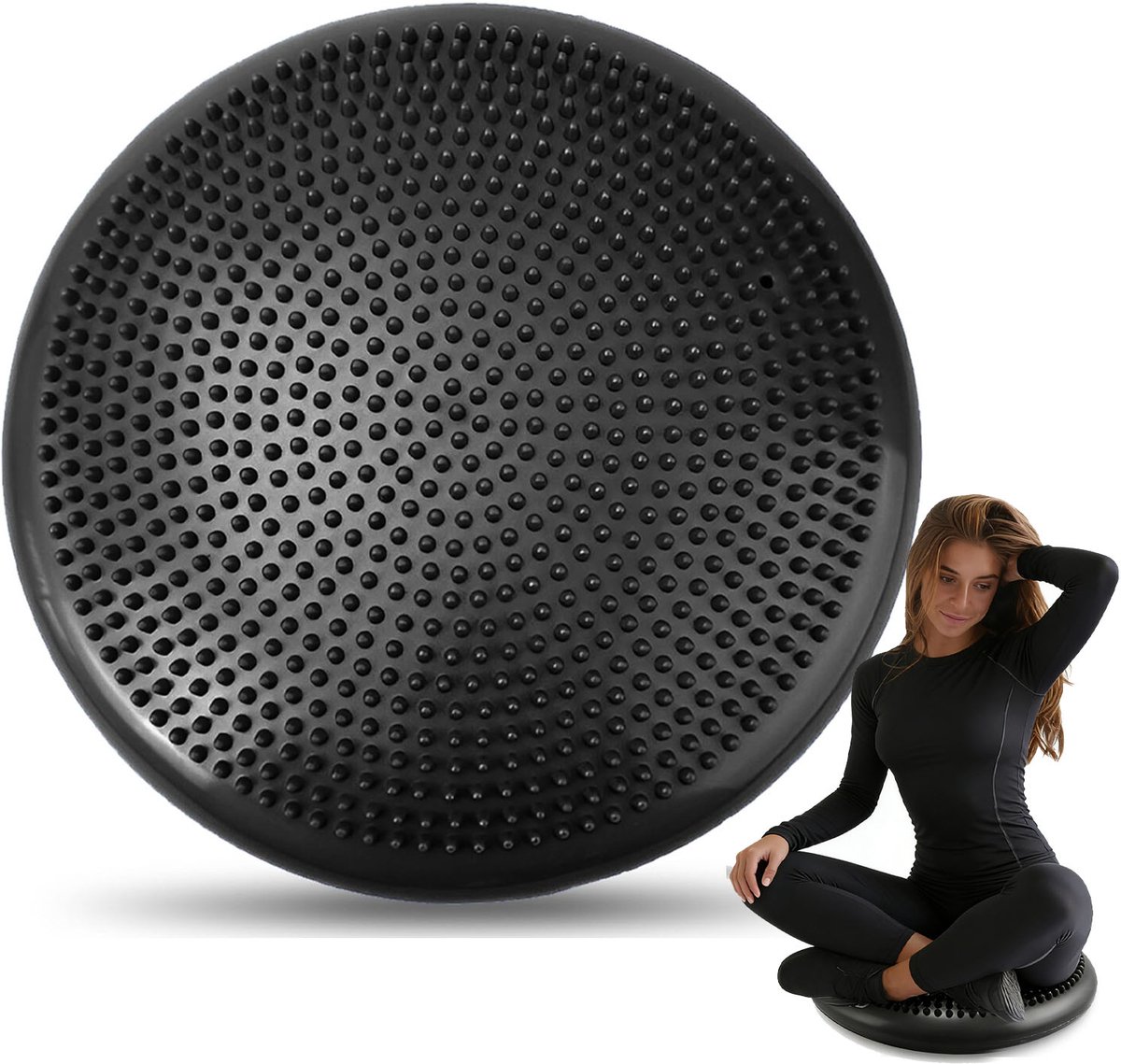 Wiebelkussen incl. Pomp - Balanskussen voor Bureaustoel - Ergonomisch Zitkussen - Massagekussen - Fitness Balansbord voor Core Training & Yoga - Anti-Burst - Zwart - 34 cm