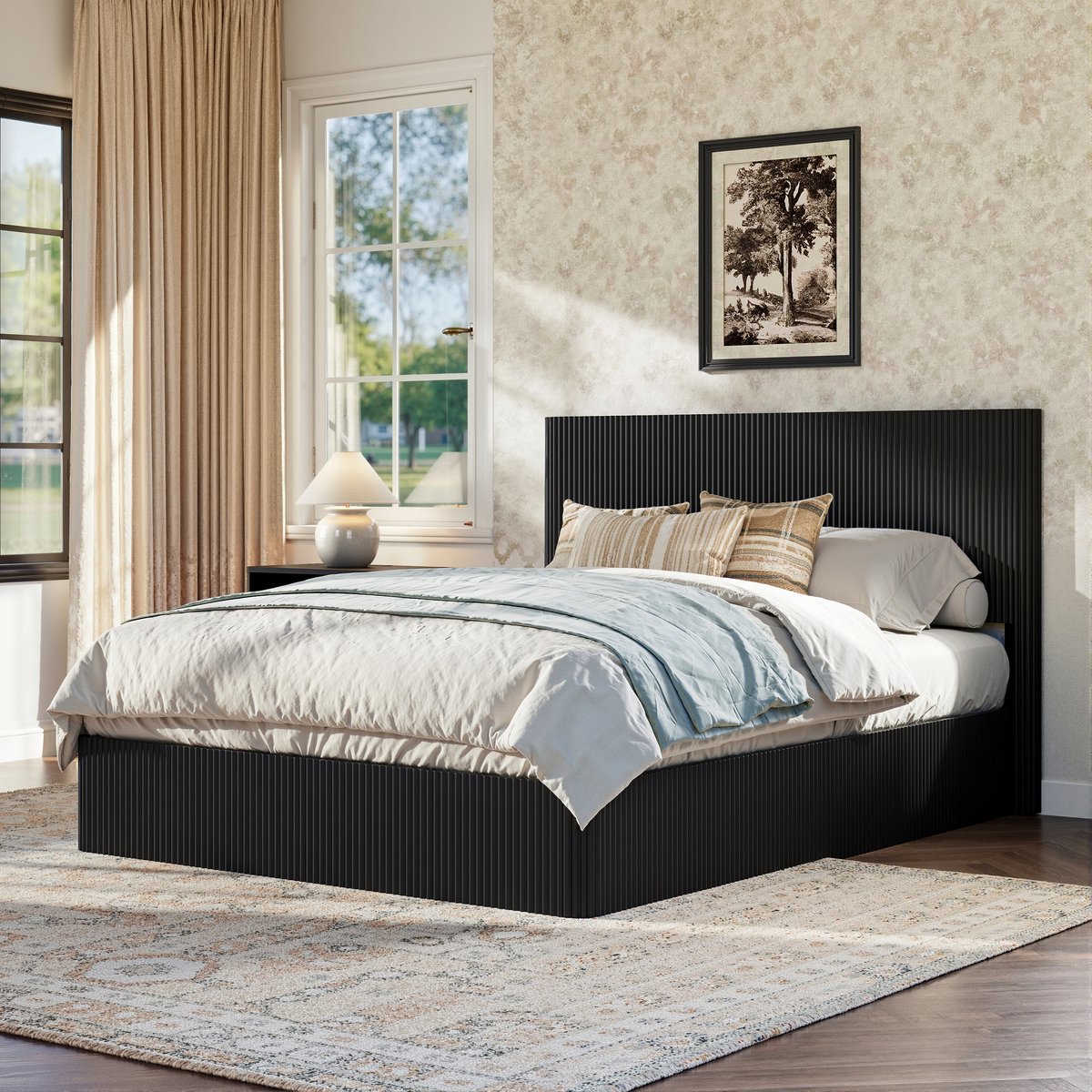 STILVORA Opbergbed 160x200 cm – Stilvol Ribbeldesign – Hydraulisch Liftmechanisme – Grote Opbergruimte – Slaapkamer – MDF En Metaal – Zwart – Zonder Matras