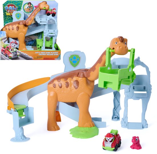 PAW Patrol - De Dino Film - Lift & Race Dino-speelset met Brachiosaurus van 25,4 cm, Marshall Pup Squad Racer en Rhubarb-actiefiguur