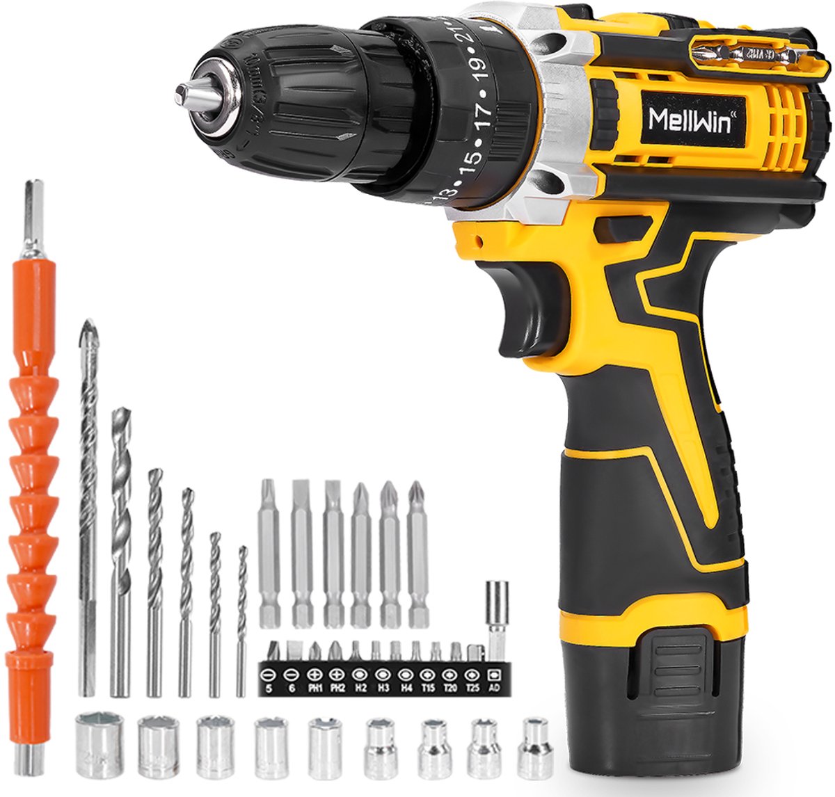 MELLWIN 12V Accuboormachine Set (1 Accu) - 45Nm Koppel & 3-in-1 Functie - Inclusief 34-delige Accessoire Set & Oplader - Compacte Draadloze Schroefboormachine