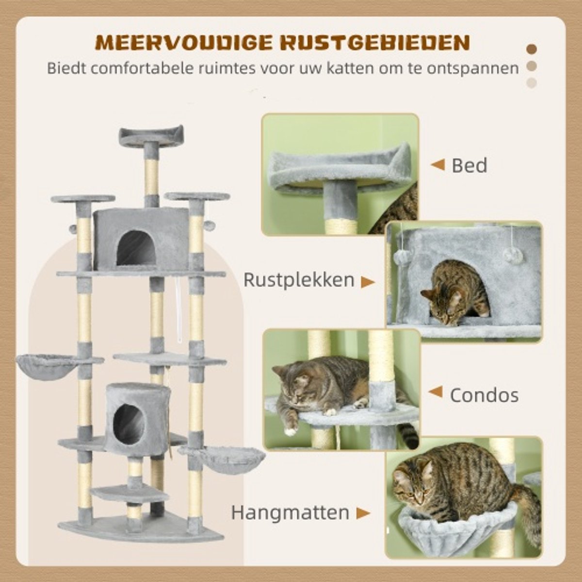 Krabpaal Groot 200 cm - XXL Kattenboom met Kattenholen & Hangmatten - Stabiel voor Grote Katten - Lichtgrijs - Tot 10 kg – foto 2
