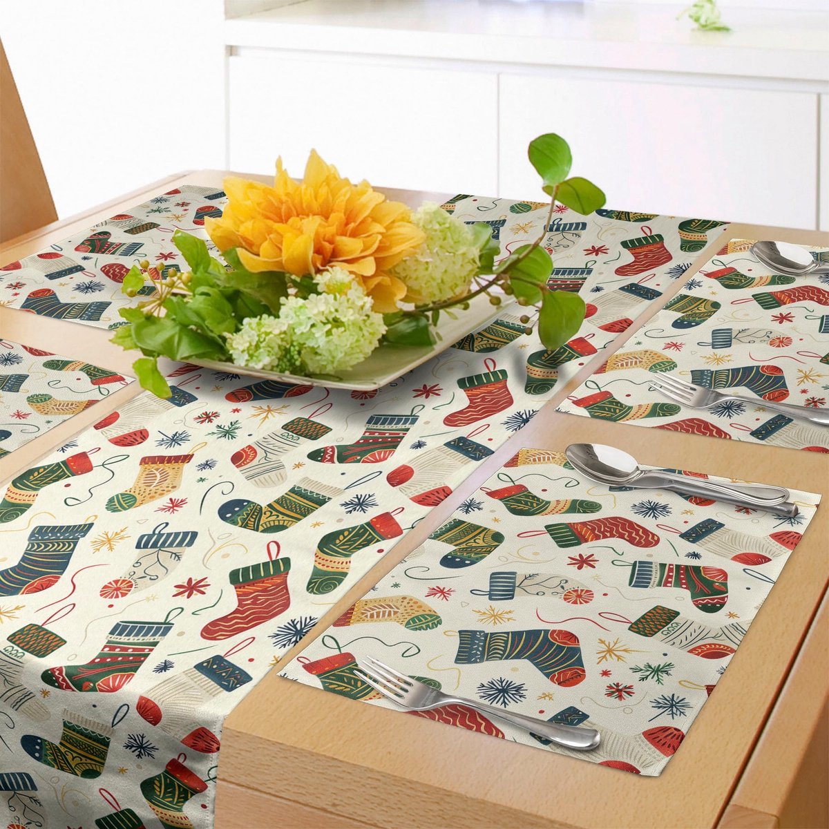 Dailygoods- Kersttafelloper 41 cm x 183 cm - Placemat Set - Tafeldecoratie - Kleur: Donker Koraal/Groenblauw/Grijs - Veelzijdig en Functioneel - Tafelkleed
