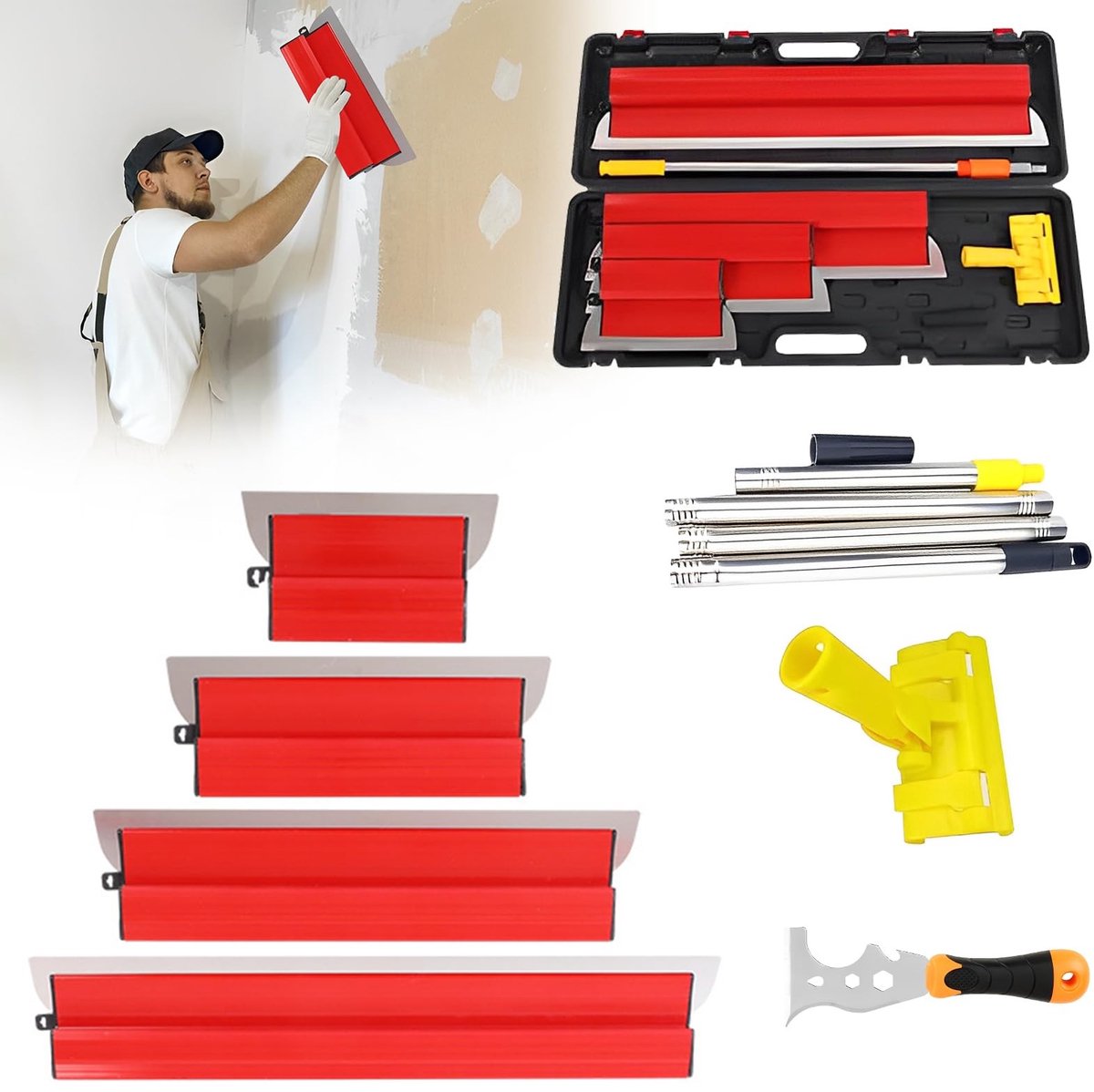 Dailygoods- Spatelset Professioneel - 9 Soorten Keukengerei - Multifunctionele Spatel - Telescoopstang - Bepleisteren Muren/Plafonds - Hoogwaardige Afwerking - Vlakspatel