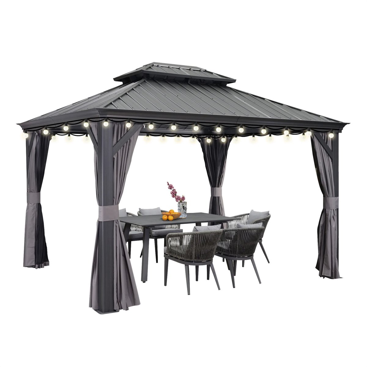 PURPLE LEAF Hardtop Aluminium Tuinpaviljoen – Dubbel dak – Hoogwaardige Gordijnen – Wind- en weerbestendig – Luxueus Grijs – Met Sfeerverlichting