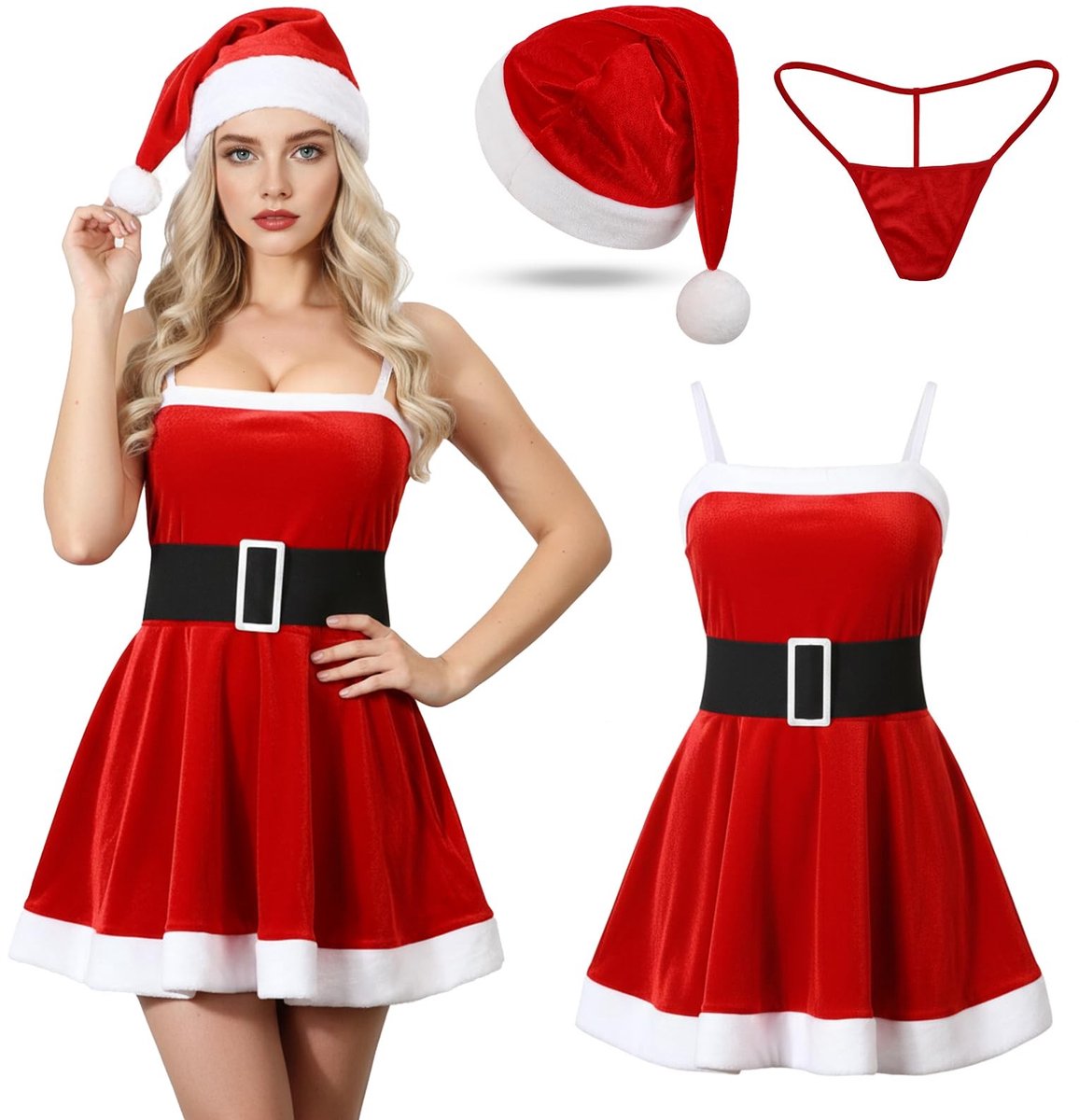 Dailygoods- Kerstkostuum Dames - Rood Fluwelen Feestjurk - Kerstvrouw Kostuum - Kerstlingerie - Romantisch Ondergoed - Perfect voor Feestdagen - Kerstjurk
