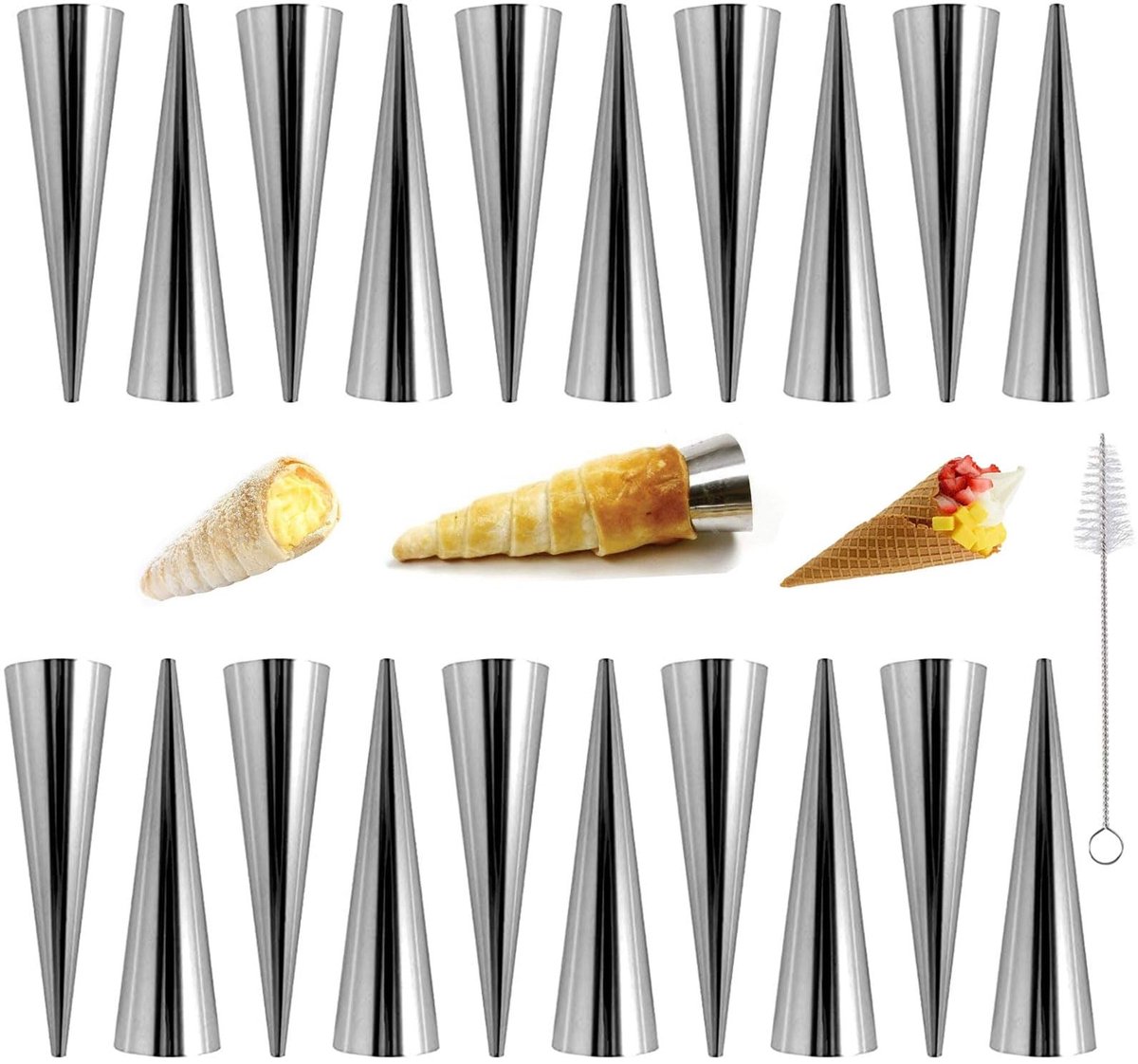 Dailygoods- Slagroomhoornvormen 20 Stuks - Grote Maat 12x3,5 cm - Bakvormen voor Hoorns - Roestvrij Stalen Rolvormen - Inclusief Reinigingsborstel - Geschikt voor Oven en Airfryer - Bakvormpjes