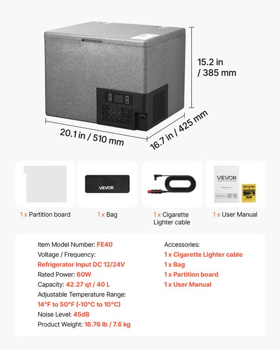 VEVOR Compressor Koelbox 40l, Autokoelkast Gemaakt van Ultralicht Epp, Elektrische Vriezer met App-Bediening, 12V/24V DC, -10°C tot 10°C, voor Vrachtwagens, Bestelwagens, Campers, Suv's, Boten, Reizen en Kamperen van Vevor — afbeelding 3