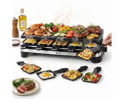 Coock Gourmetstel 10 Personen - Raclette Set XL met Grillplaat - 1500W - Regelbare Thermostaat - Anti-aanbaklaag - RVS/Zwart
