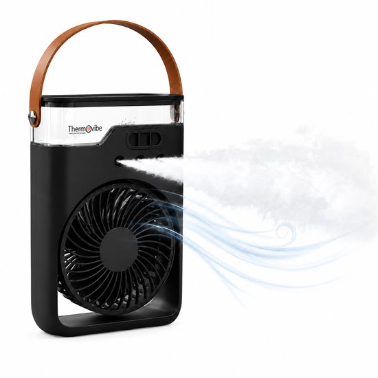Draagbare tafelventilator Thermovibe met mistfunctie, geurverspreider, USB-C, draadloos, stille koeling, 4 uur batterij