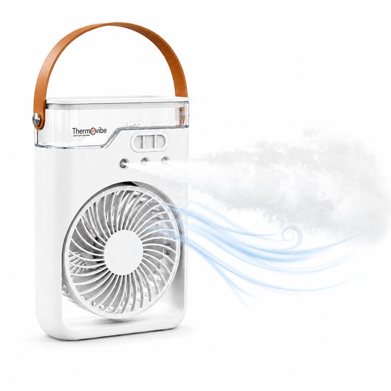 Draagbare tafelventilator Thermovibe met mistfunctie, geurverspreider, USB-C opladen, stille koeling, 4 uur batterij