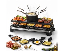 Coock Gourmetstel en Fondue Set 2-in-1 - Raclette voor 8-10 Personen - Inclusief 8 Fonduevorkjes & 10 Pannetjes - 1500W - XL Bakplaat - RVS