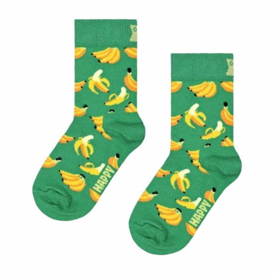 Groene sokken met een all-over print van bananen en het woord "HAPPY" in het geel.