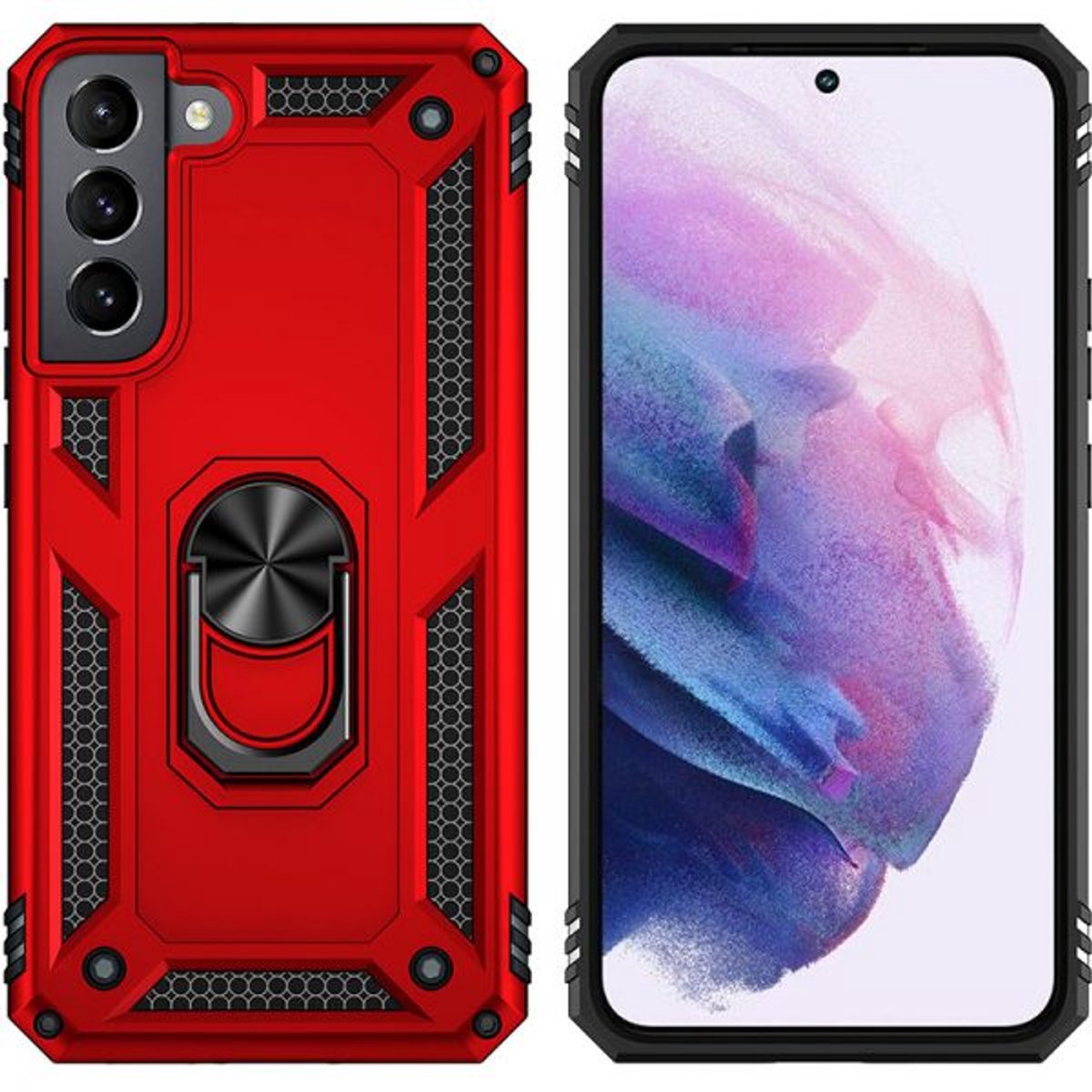 Samsung Galaxy S22 Ultra Hoesje Armor Case met Ringhouder & Standaard – Rood/Zwart – Schokbestendige Backcover