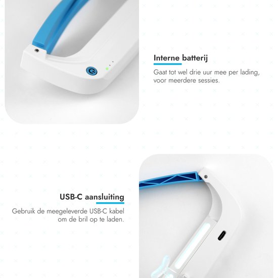 Gedetailleerde close-up van de lichttherapiebril, met USB-C poort en oplaadindicatoren.