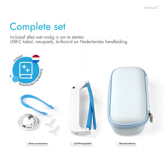Complete set lichttherapiebril: bril, opberghoes, USB-C kabel, neuspads en Nederlandse handleiding.