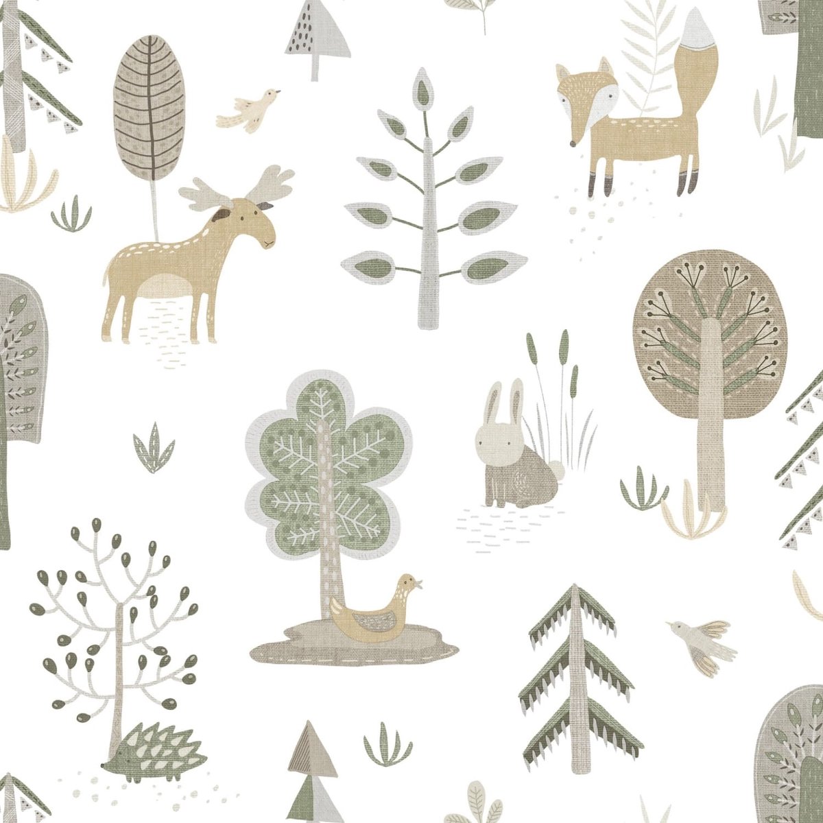 Behang - Bosdieren - Scandinavisch - Peuterkamer - Wit Groen - Kinderkamer - Dierenbehang - Eland Vos Konijn - 0,53 x 10,05 M - Happy