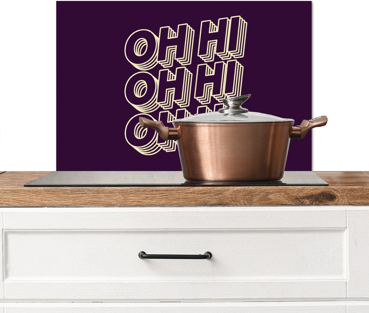 KitchenYeah Spatscherm keuken 60x40 cm Kookplaat achterwand Oh hi Paars 3D Muurbeschermer Spatwand fornuis Hoogwaardig aluminium