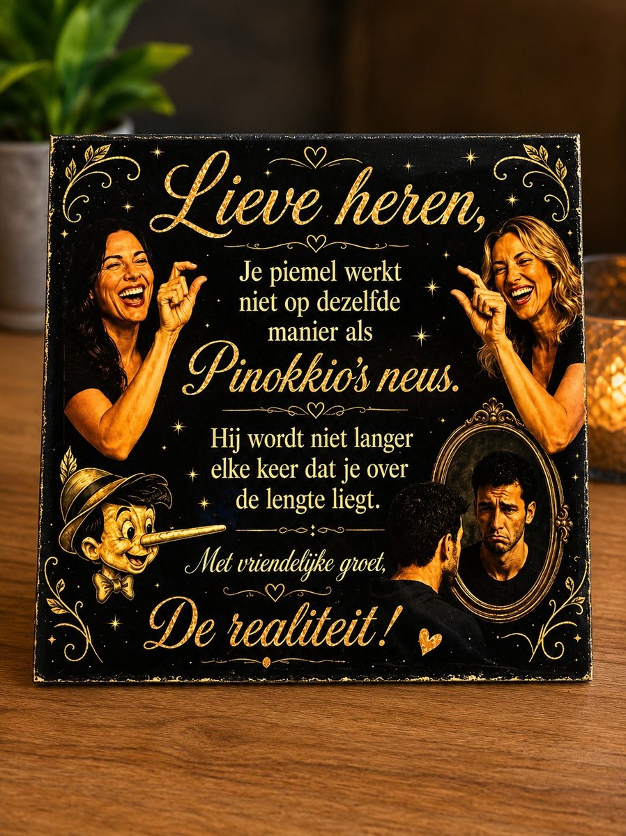 Grappig Tegeltje – “Lieve Heren, Je Piemel Werkt Niet Zoals Pinokkio's Neus” | Keramische Spreuktegel 15x15 cm