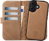 Rosso Elite Hoesje Geschikt voor Apple iPhone 16 | Compatibel met MagSafe | Book Case en Back Cover | Magnetisch Uitneembaar | Echt Leer Beschermhoes met Pasjeshouder | Lichtbruin