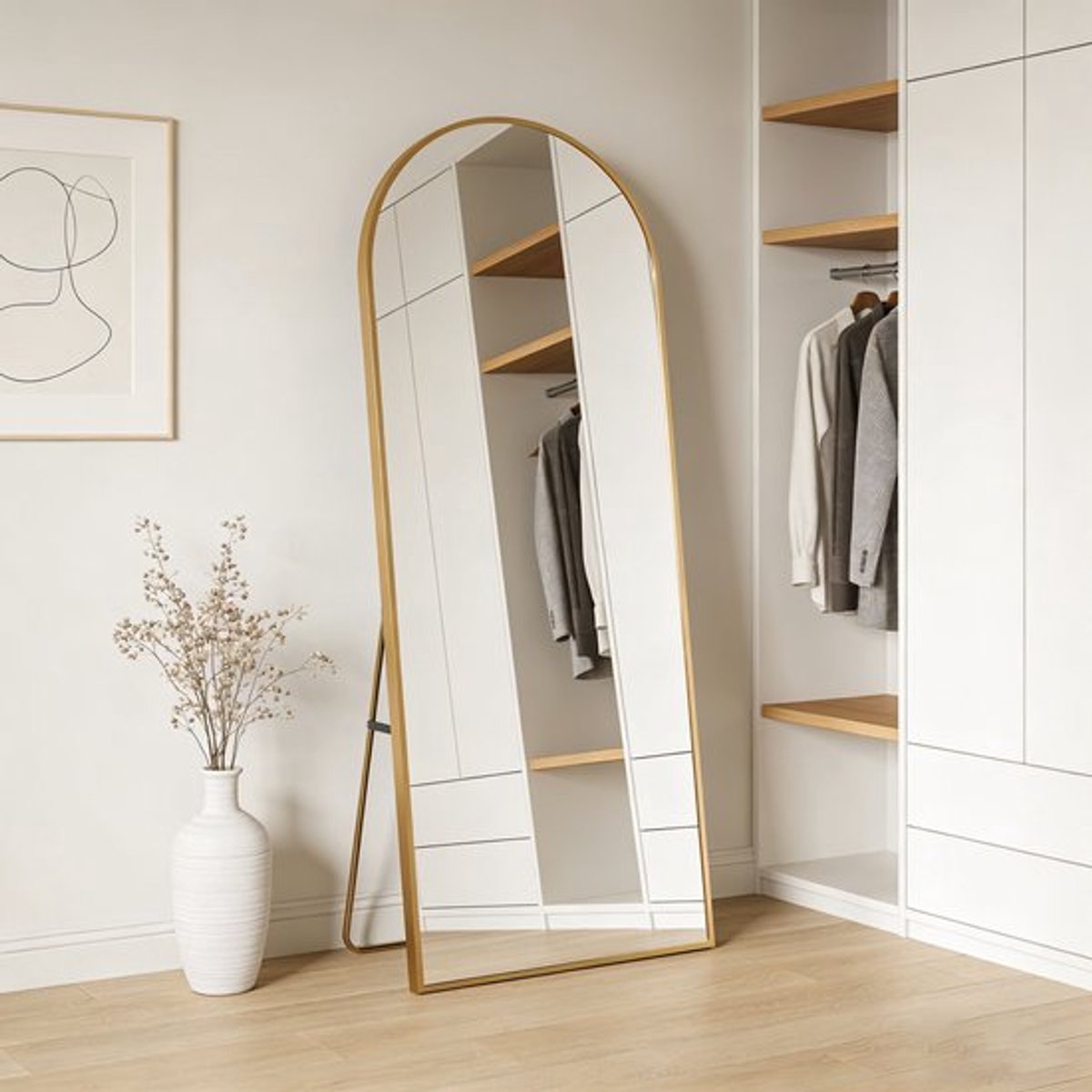 Novyro Living spiegel - passpiegel - staand & wand - gebogen - hd spiegelglas - goud - aluminium frame - stijlvol - veelzijdig