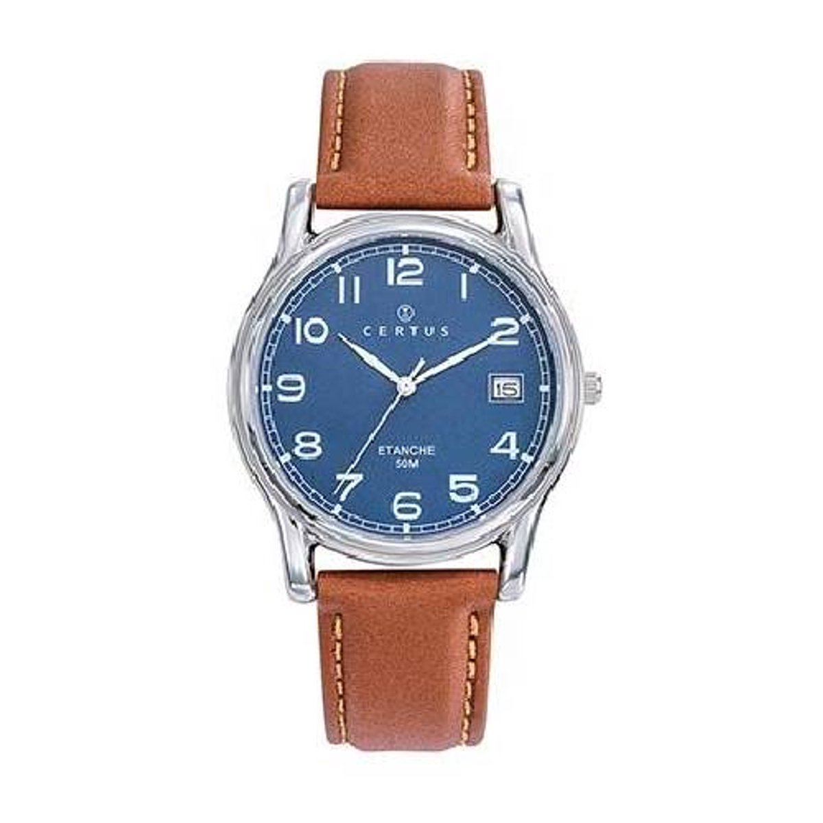 Certus-Herenhorloge-datum-5 atm waterdicht-zilverkleurig-blauwe wijzerplaat-bruin leder-diameter 35 mm-made in France