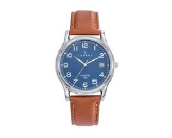 Certus-Herenhorloge-datum-5 atm waterdicht-zilverkleurig-blauwe wijzerplaat-bruin leder-diameter 35 mm-made in France