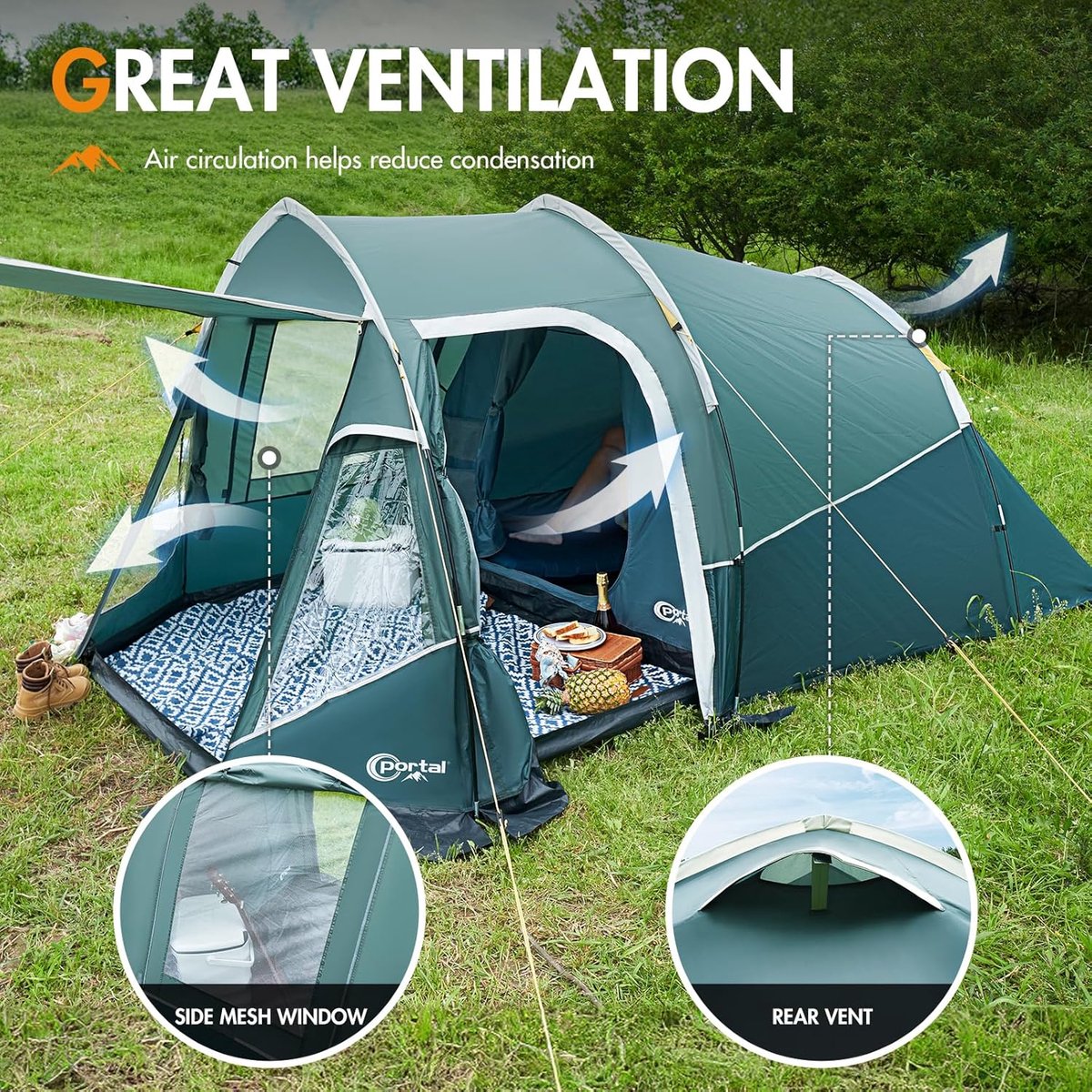 Tent 3 personen - campingtent - waterdicht - 3000mm met voortent raam - 3 man - tunneltent - familietent - festivaltent voor camping - reizen trekking - tuin – foto 2