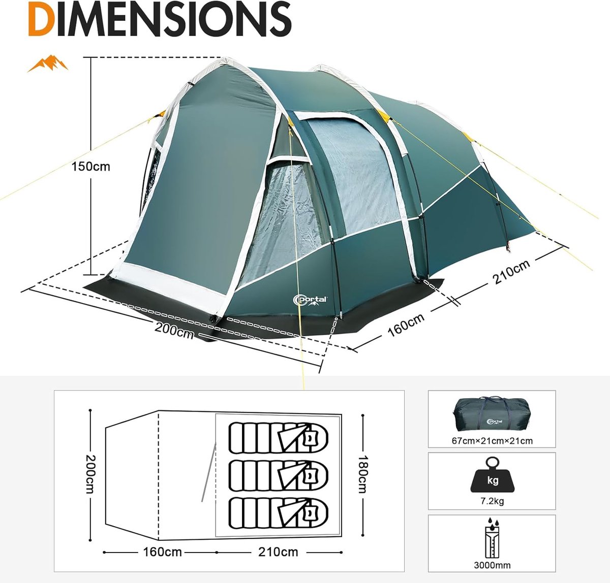 Tent 3 personen - campingtent - waterdicht - 3000mm met voortent raam - 3 man - tunneltent - familietent - festivaltent voor camping - reizen trekking - tuin – foto 7