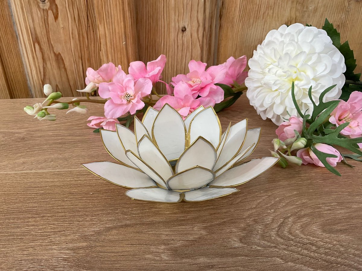 Spiru Lotus Sfeerlicht / Waxinelichthouder Goudrand Wit