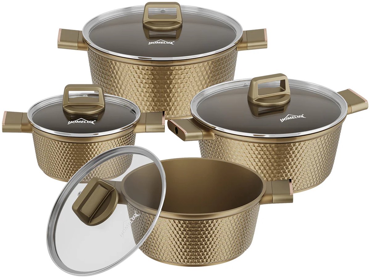 Homelux 8-Delige Inductie Pannenset met Diamantstructuur - Kookpannen met Glazen Deksels, Antiaanbaklaag, Aluminium - Stapelbaar - Geschikt voor Inductie - Gas & Elektrisch, Vaatwasserbestendig - Goud, 2.5L-8.7L Kookset