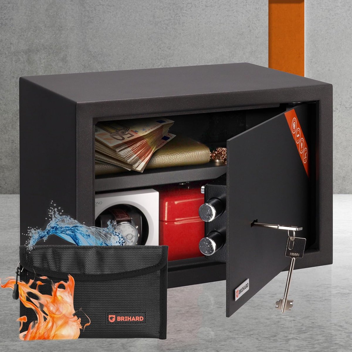 Brihard Family K Black Pearl Meubelkluis met Sleutelslot Gratis Brandwerende Tas 4mm Stalen Deur Zwart Satijn Inbraakwerende Kluis voor A4 Documenten Geld en Sieraden Inclusief Montagebouten Veiligheidskluis voor Thuis en Kantoor