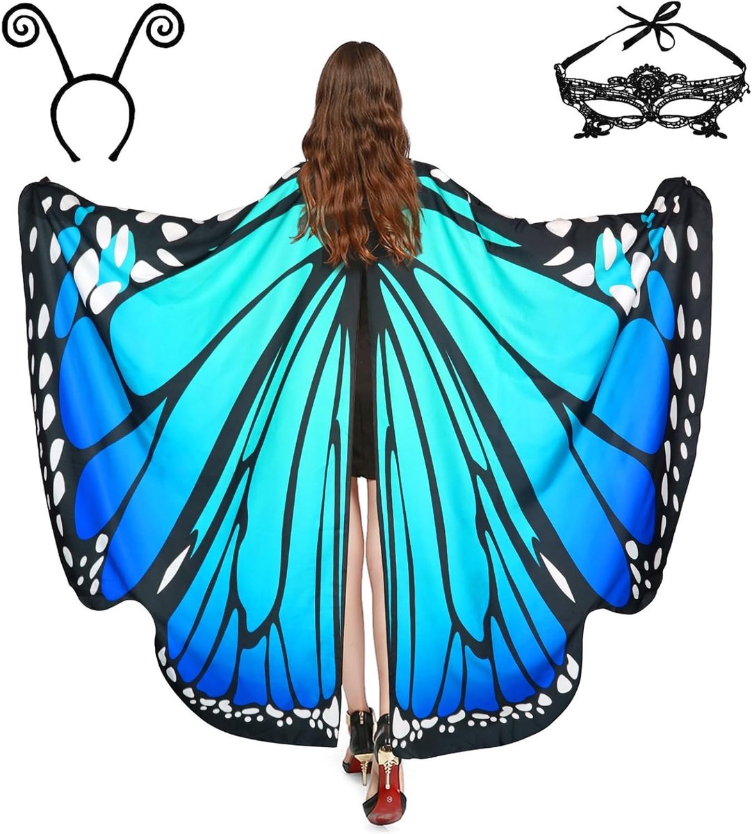 Vrouwelijk Vlinder Kostuum met Vleugels en Cape voor Halloween, Carnaval en Cosplay Feesten (168 x 135 cm)