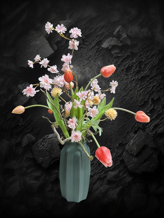 Seta Fiori - Kunst tulpen - kunstbloemen - in vaas - perzik kleurig