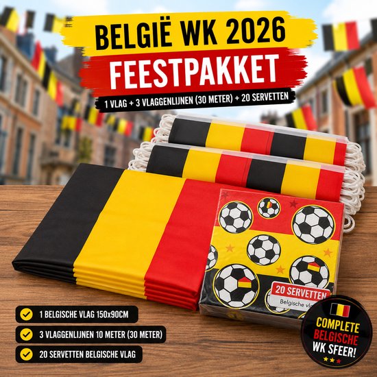 Pack Football Belgique XL | Coupe du Monde de Football 2026 | Grand Drapeau 150×90 cm + 30 Mètres de Guirlande de Drapeaux + 20 Serviettes | Décoration Coupe du Monde Belgique | Diables Rouges