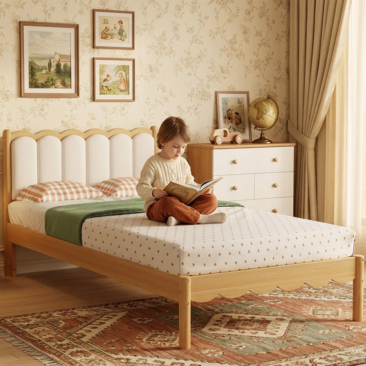 FloraGrace Kinderbed 90x200 cm - Gestoffeerd Bed Met Golvend Hoofdbord - Zonder Matras - Massief Hout En PU - Beige Houtkleur