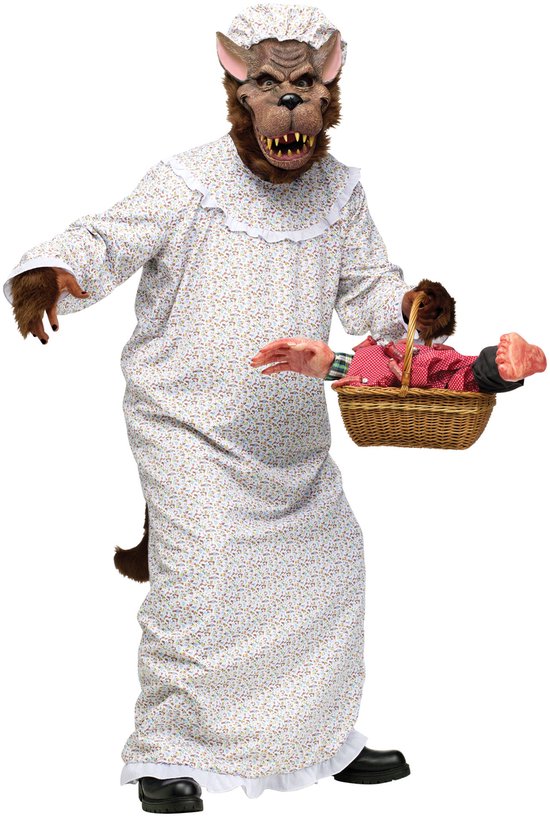 Funworld 2-Delig Nachtjapon + Staart/ Masker Grote Boze Wolf Kostuum Halloween Kostuum Vowassenen Unisex Verkleedkleren Volwassenen - XL/2XL