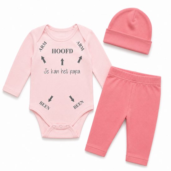 Baby 3delig kledingset pasgeboren meisje | maat 62-68| setje roze romper lange mouw met tekst zwart je kan het papa Bodysuit | Huispakje | Kraamkado | Gift Set aankondiging bekendmaking zwangerschap cadeau voor de liefste aanstaande geboorte
