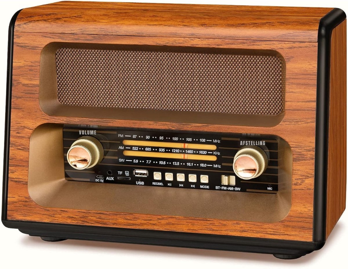 QUOVO® Transistor Radio Op Batterijen - Transistor Radio - Transistor Radio met Netvoeding - Bruin - 35cm x 20cm x 28cm