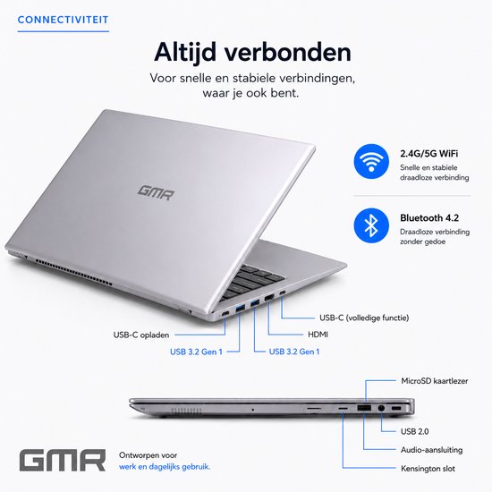 Zilverkleurige GMR laptop in geopende positie, met specificaties voor connectiviteit zoals USB-C, HDMI en WiFi.