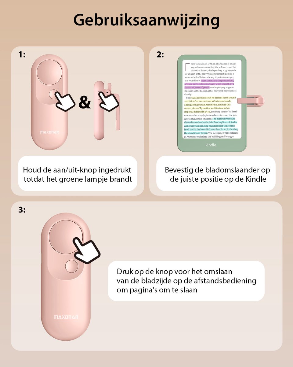 Maxonar Afstandsbediening voor E-reader - Magnetische Kindle Paginadraaiër - Geschikt voor Kindle Paperwhite, Colorsoft - Roze – foto 8