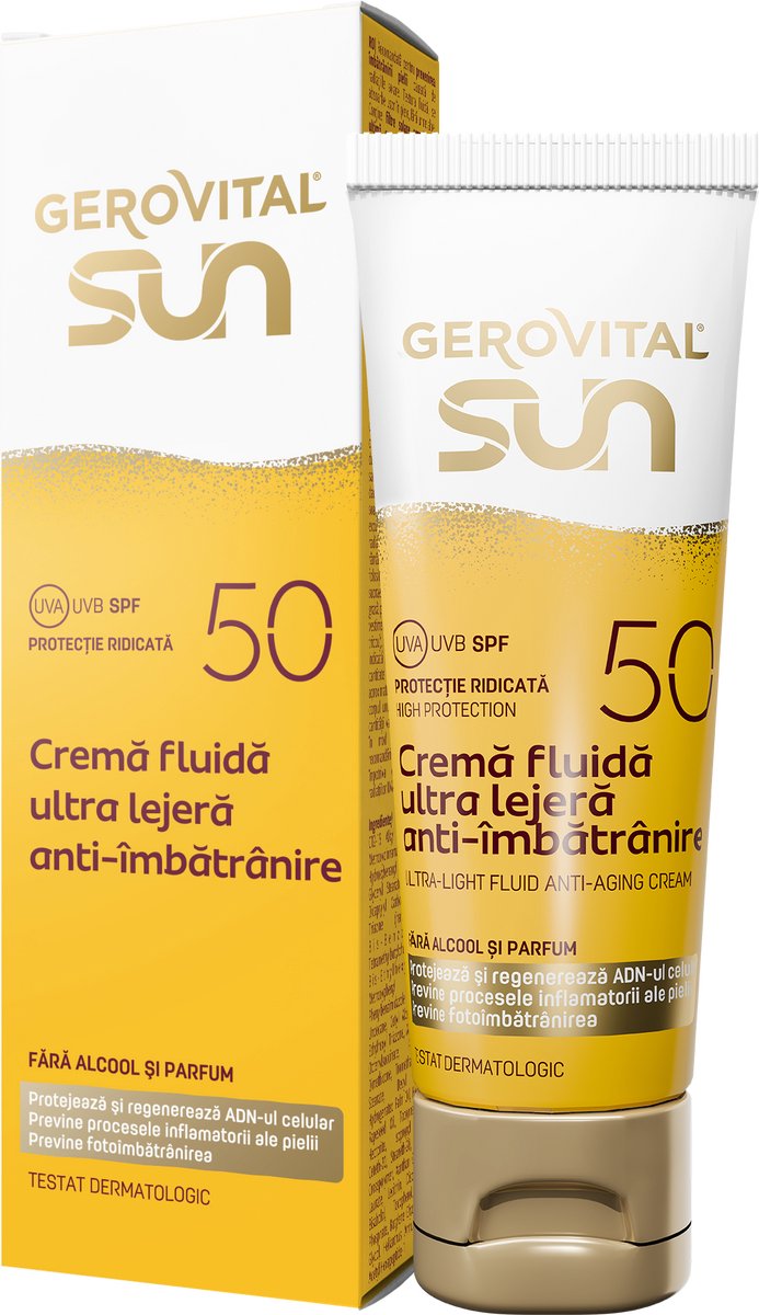 Zonnebrandcrème ultralichte anti-agingcrème met SPF 50, zonder alcohol en zonder parfum - voorkomt fotoveroudering - Hoge bescherming tegen UVA- en UVB-straling Gerovital SUN - 50ml