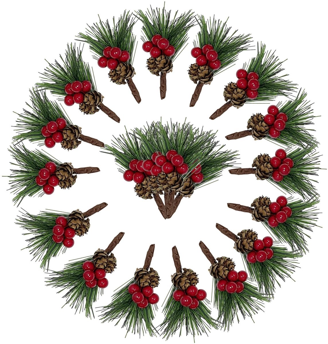 Dailygoods- Kunstmatige Dennentakken Set van 20 - Dennentakken/Bessentakken - Kerstdecoratie - Kunststof - Hoogwaardig Schuim - Milieuvriendelijk - Kersttakken