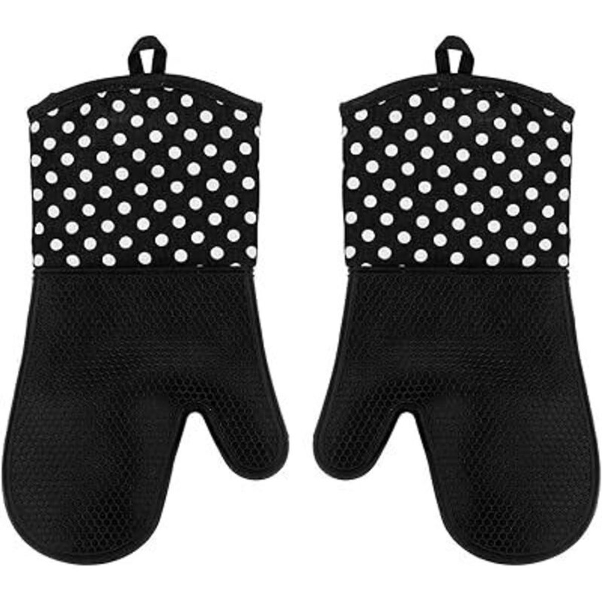 Zwarte, hittebestendige siliconen ovenhandschoenen met antislipfunctie.
