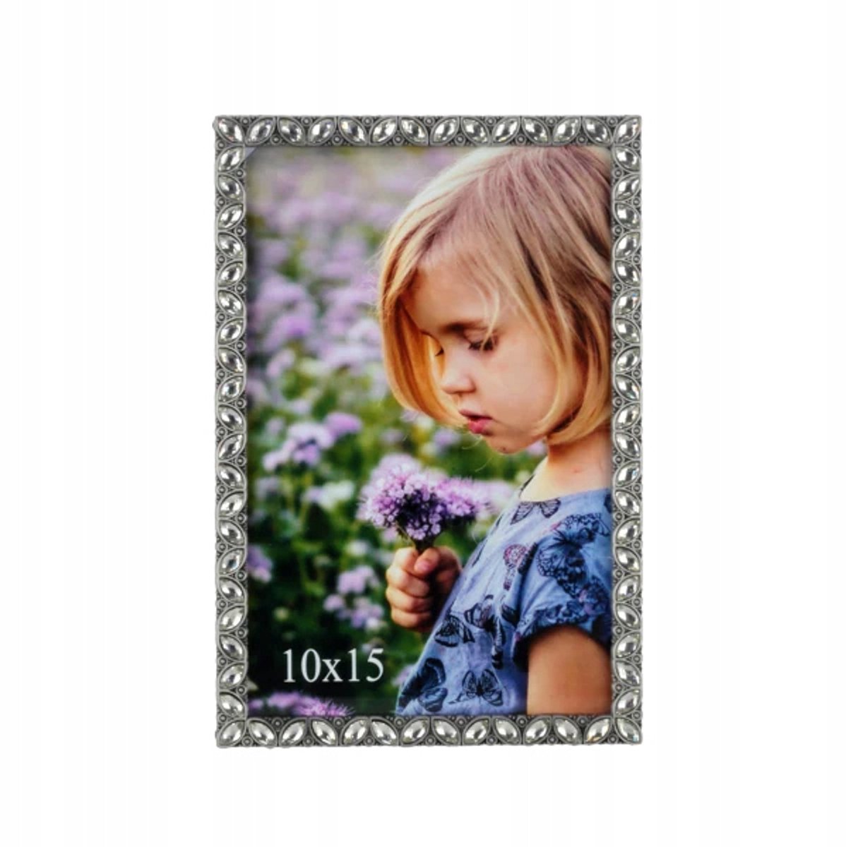 Elegante zilverkleurige metalen fotolijst met kristal - 10x15 cm