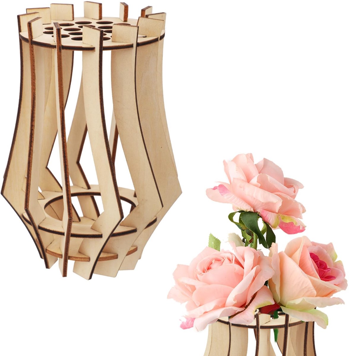 JHUBERS- Bloemenvaas Houten - Displaystandaard - Rustieke Vaasboeket - Geschikt voor Narcissen/Tulpen/Rozen - 15x10,7cm - Stevig Lindehout - Vaas