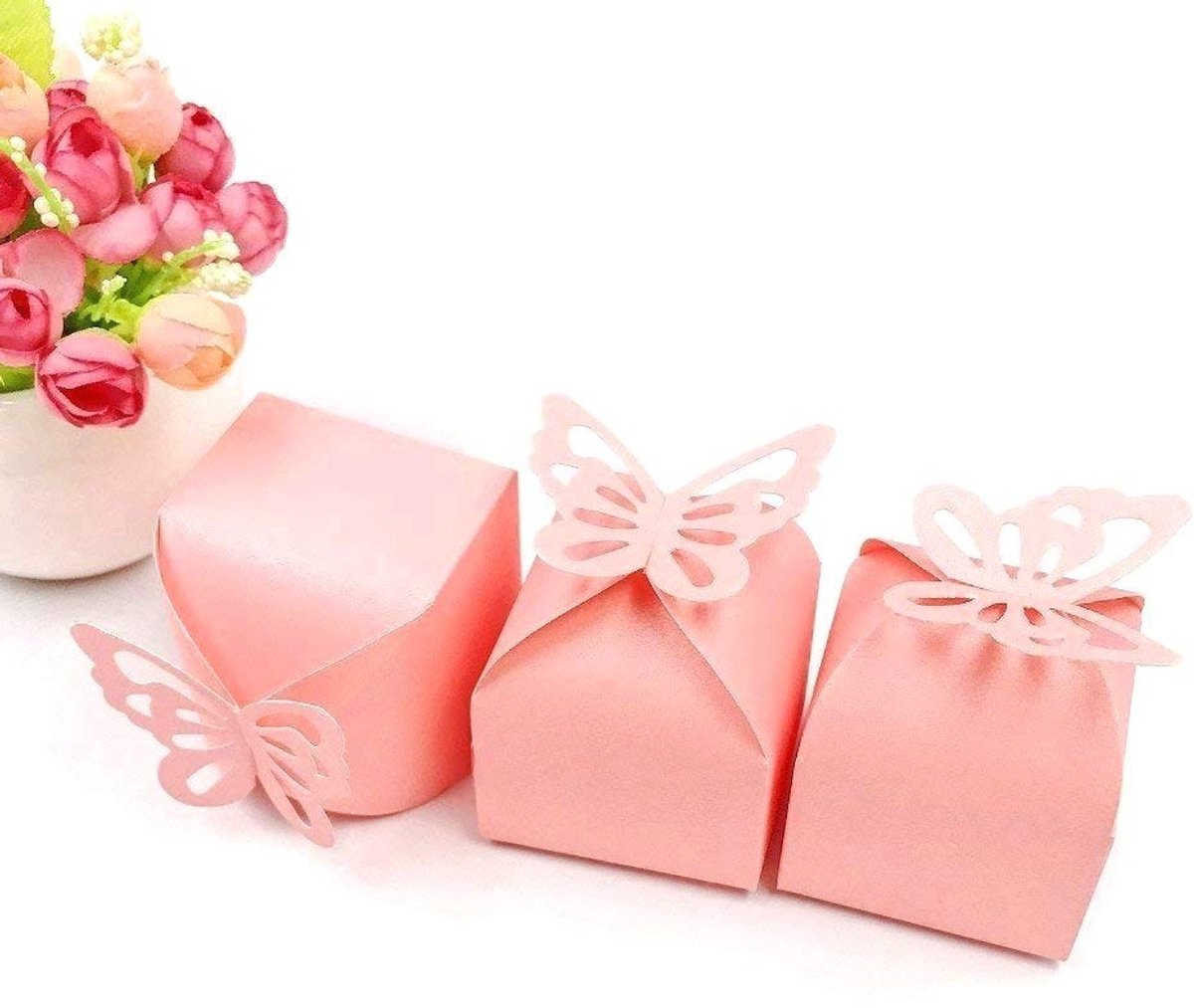 JHUBERS- Geschenkdozen 50 stuks - Roze Vlinder Dozen - Bruiloft/Gunst Dozen - Feestdozen - 6x6x6 cm - Roze Kaartpapier met Glans