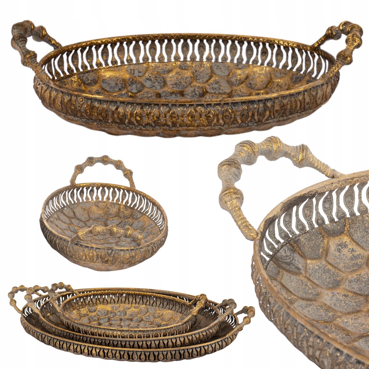 Gouden Vintage Metalen Decoratieve Schaal met Handvatten 9x32x17cm