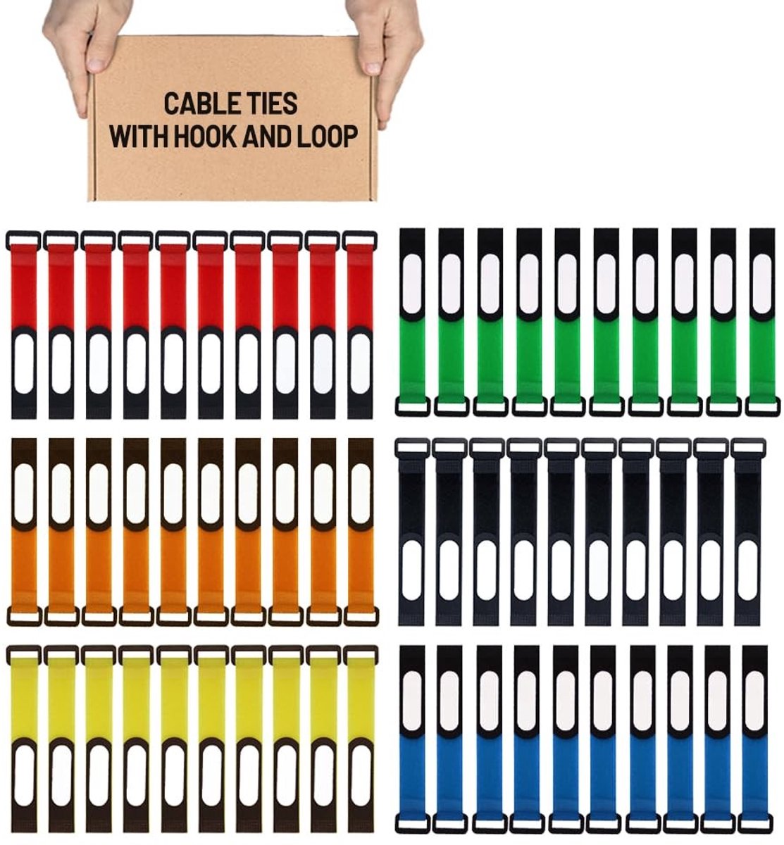BRENZOOS - Herbruikbare klittenband kabelbinders - Kabelbeheer - 60 stuks - Klittenbandsluiting - Verstelbaar - Geschikt voor Elektronica