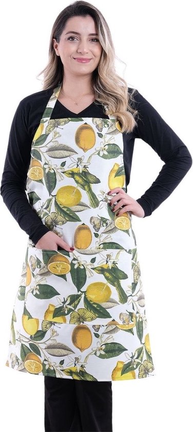 Mannequin portant un tablier avec imprimé citron et deux poches.