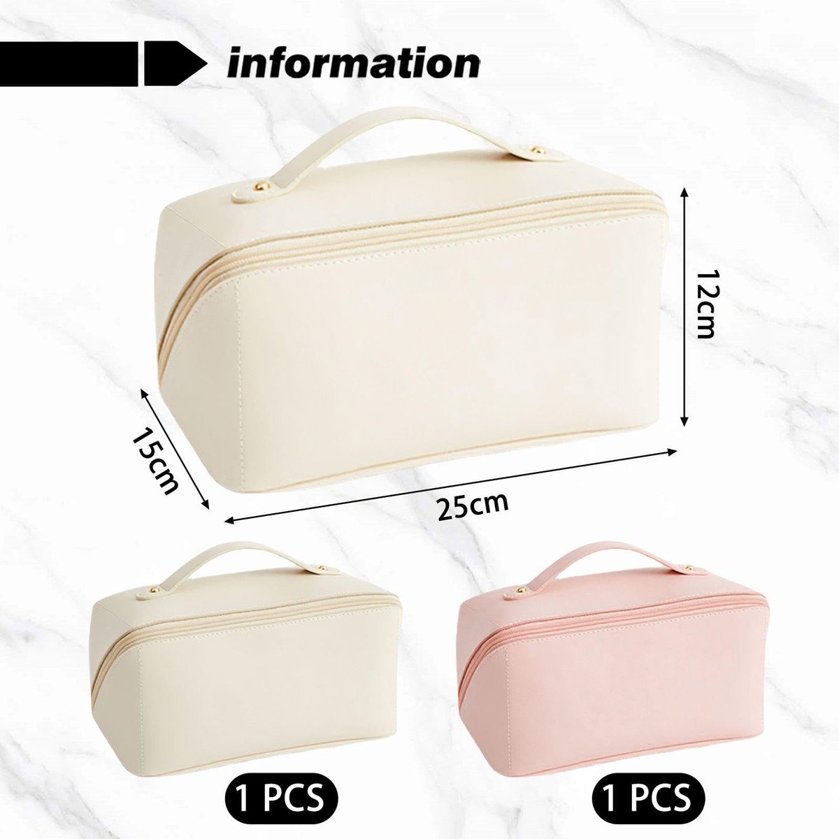 BRENZOOS- Make-up Tas Grote Capaciteit - Make-up Tas Waterdicht - Make-up Tas 2 Stuks - PU Materiaal - Wit/Roze - Eenvoudig Ontwerp - Cosmetica Tas